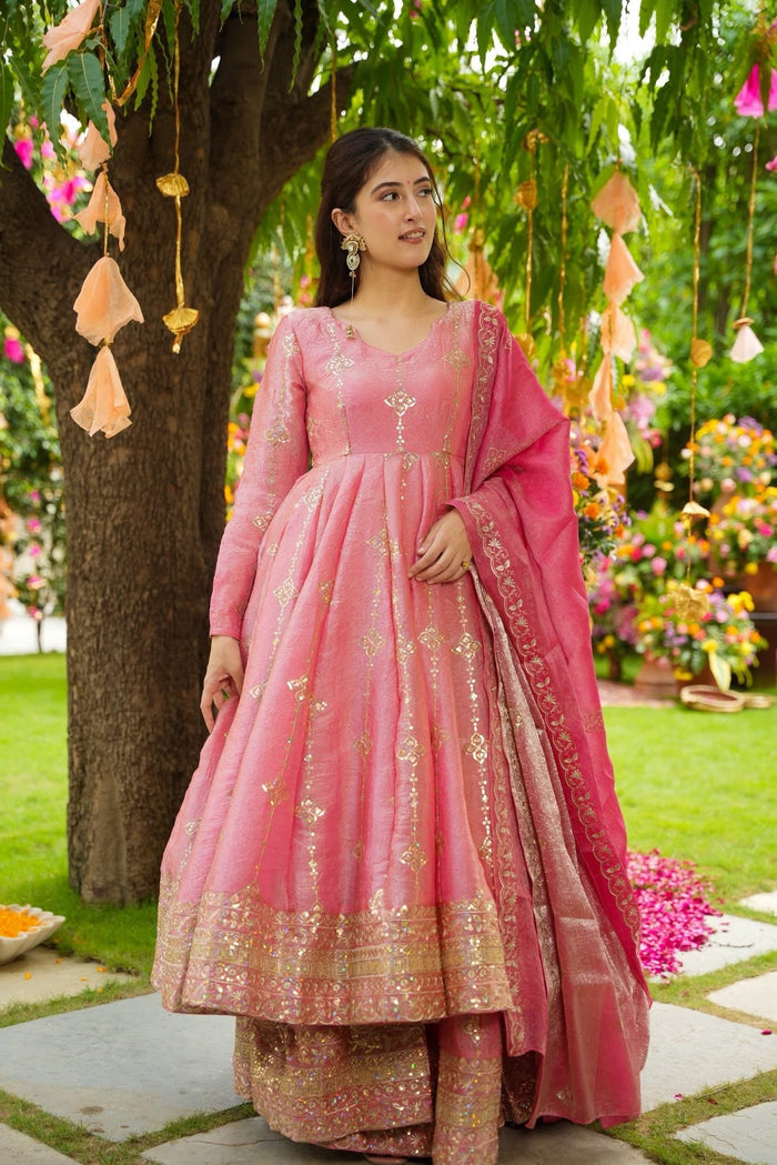 Rose Blush Cruncy Silk Anarkali Suit Set