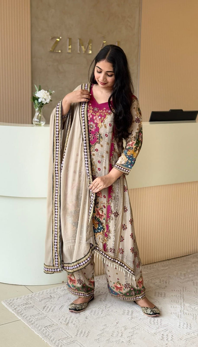Beige Muslin Cotton Suit Set - Digital Print & Mirror Work Plazo Set