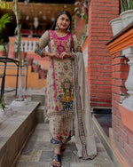 Beige Muslin Cotton Suit Set - Digital Print & Mirror Work Plazo Set