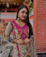 Beige Muslin Cotton Suit Set - Digital Print & Mirror Work Plazo Set