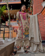 Beige Muslin Cotton Suit Set - Digital Print & Mirror Work Plazo Set
