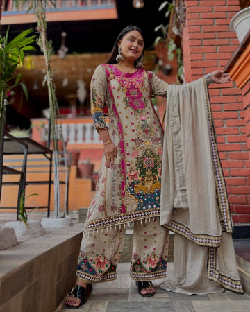 Beige Muslin Cotton Suit Set - Digital Print & Mirror Work Plazo Set