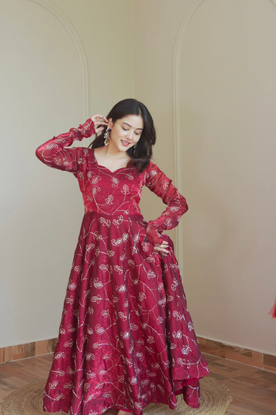 Maroon Embroidered Silk Flared Gown
