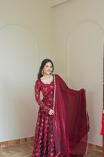 Maroon Embroidered Silk Flared Gown