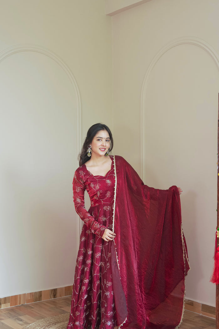Maroon Embroidered Silk Flared Gown
