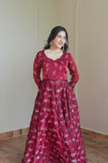 Maroon Embroidered Silk Flared Gown
