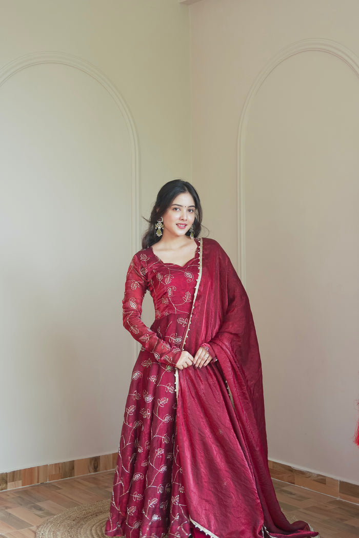 Maroon Embroidered Silk Flared Gown