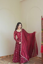 Maroon Embroidered Silk Flared Gown