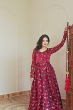 Maroon Embroidered Silk Flared Gown