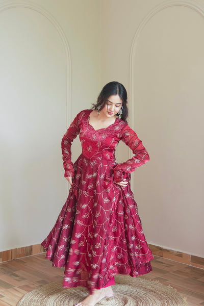 Maroon Embroidered Silk Flared Gown