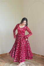 Maroon Embroidered Silk Flared Gown