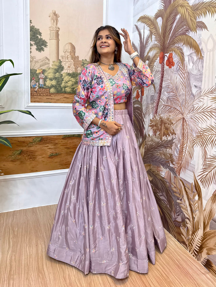 Lilac Chinon Embroidered Lehenga Set with Koti