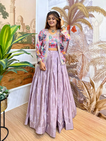 Lilac Chinon Embroidered Lehenga Set with Koti