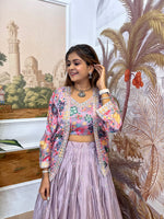 Lilac Chinon Embroidered Lehenga Set with Koti