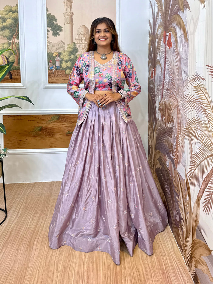 Lilac Chinon Embroidered Lehenga Set with Koti