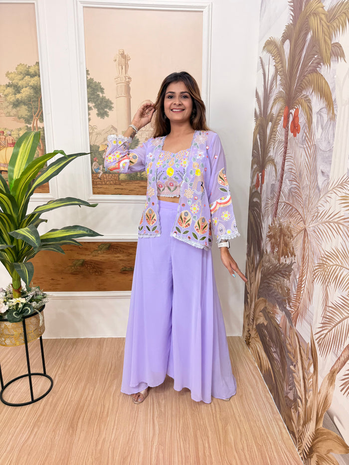 Lavender Floral Embroidered Indo-Western Co-Ord Set
