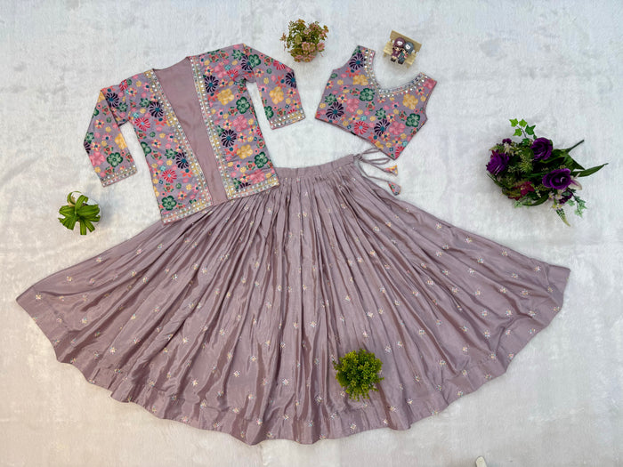 Lilac Chinon Embroidered Lehenga Set with Koti