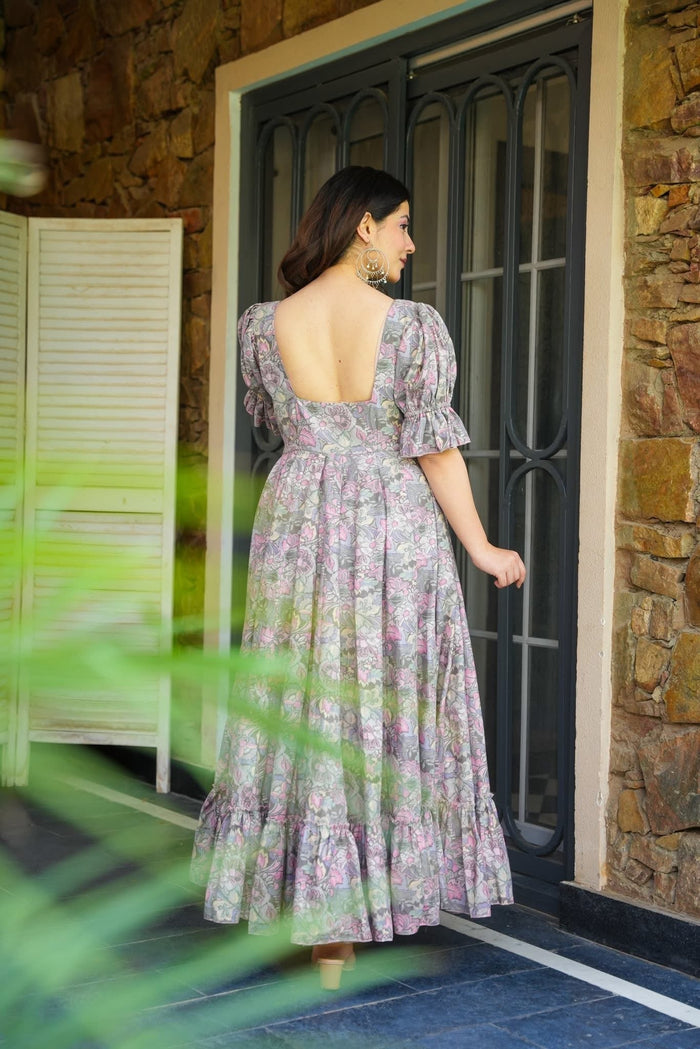 Grey Embroidered Poly Rayon Gown