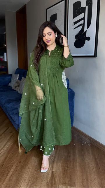 Elegant Green Pure Mul Cotton Embroidered Suit Set
