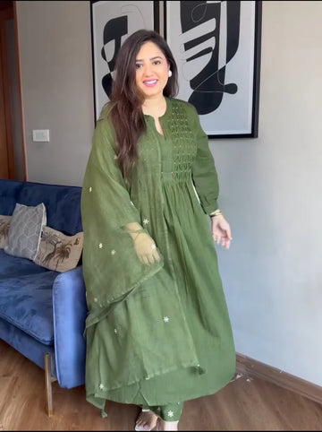 Elegant Green Pure Mul Cotton Embroidered Suit Set