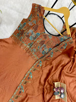 Rust Orange Vichitra Silk Embroidered Anarkali Gown Set