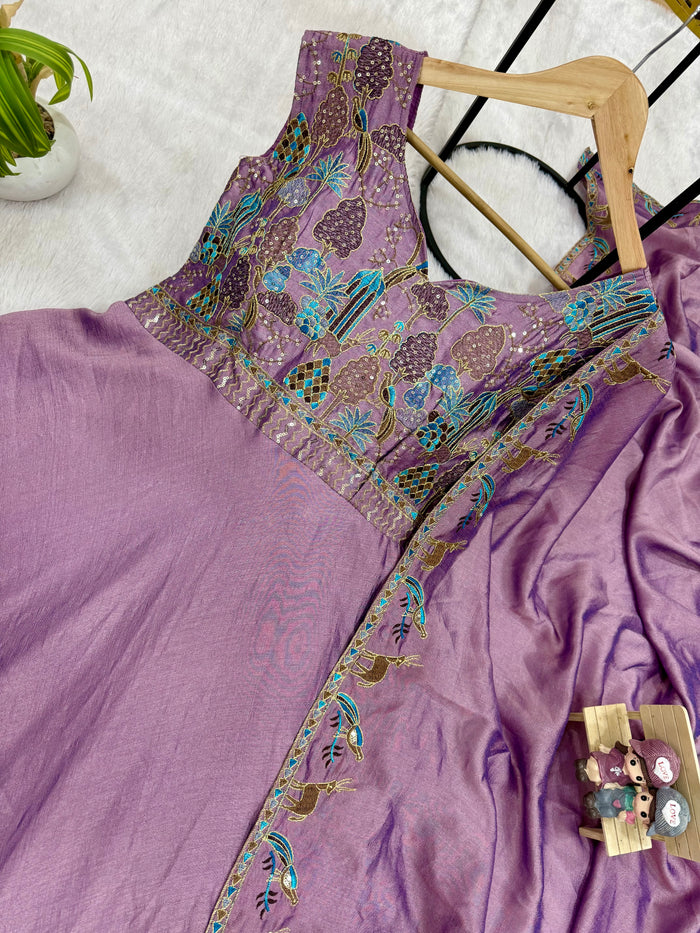Lavender Vichitra Silk Embroidered Anarkali Gown Set