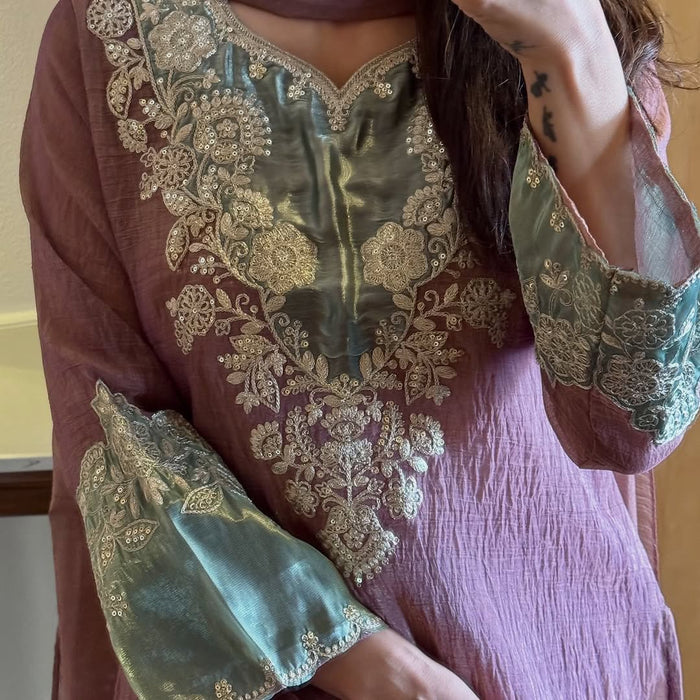 Elegant Dusty Rose Embroidered Kurta Palazzo Set