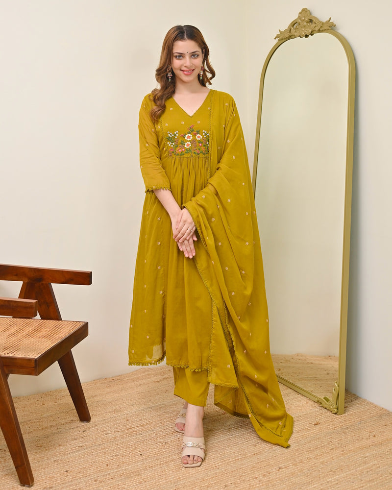 Mustard Yellow Mul Chanderi Embroidered Kurta Set