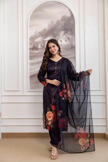 Black Floral Printed A-Line Kurta Set