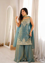 Teal Blue Embroidered Silk Peplum Sharara Set