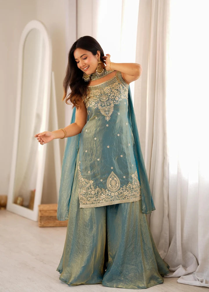 Teal Blue Embroidered Silk Peplum Sharara Set