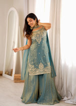 Teal Blue Embroidered Silk Peplum Sharara Set