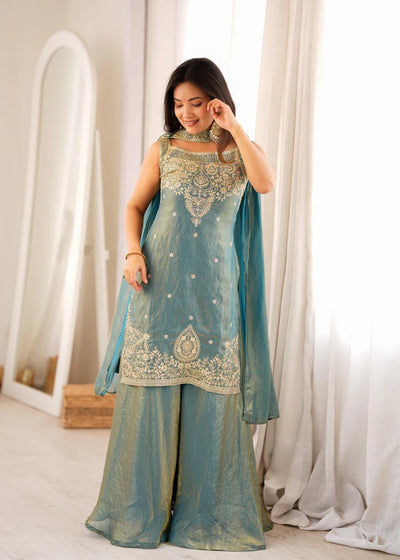 Teal Blue Embroidered Silk Peplum Sharara Set