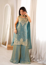 Teal Blue Embroidered Silk Peplum Sharara Set