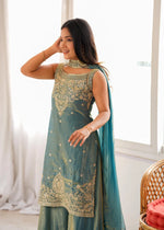 Teal Blue Embroidered Silk Peplum Sharara Set