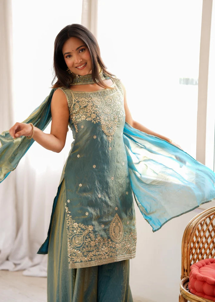 Teal Blue Embroidered Silk Peplum Sharara Set