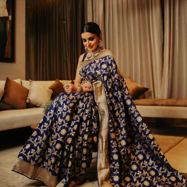 Elegant Navy Blue Jacquard Saree 