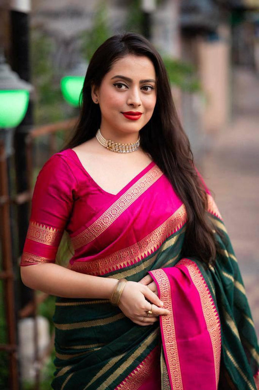Soft silk saree, striped design n tassled pallu, running blouse - Ibis Fab