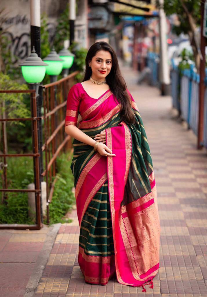 Soft silk saree, striped design n tassled pallu, running blouse - Ibis Fab