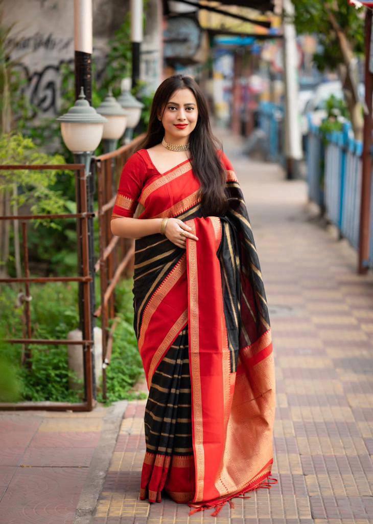 Soft silk saree, striped design n tassled pallu, running blouse