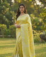 Elegant Light Yellow Jacquard Saree – Soft Festive Wear with Premium Woven Detailing