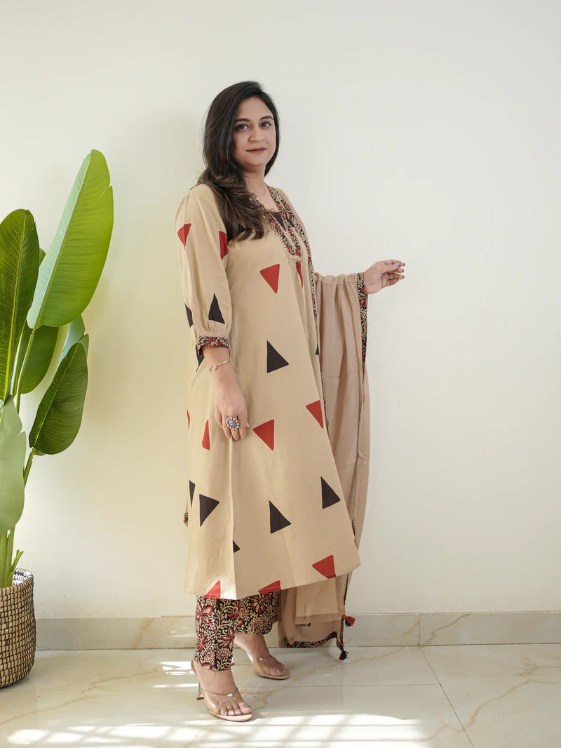 Pure Cotton Kalamkari A-Line Suit with Palazzo & Dupatta
