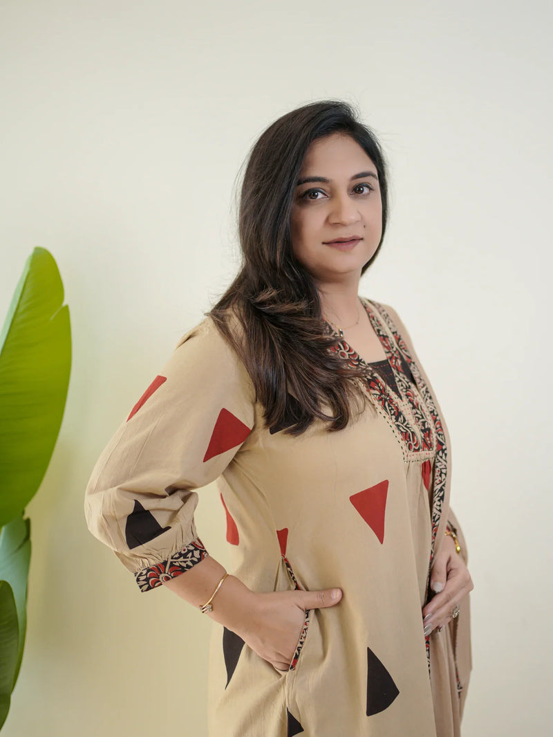 Pure Cotton Kalamkari A-Line Suit with Palazzo & Dupatta