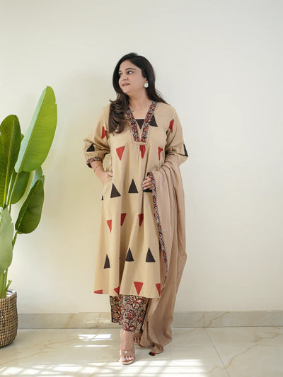 Pure Cotton Kalamkari A-Line Suit with Palazzo & Dupatta