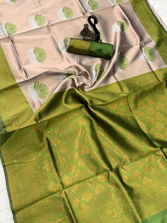 Peach Green Jacquard Silk Saree with Elegant Woven Detailing
