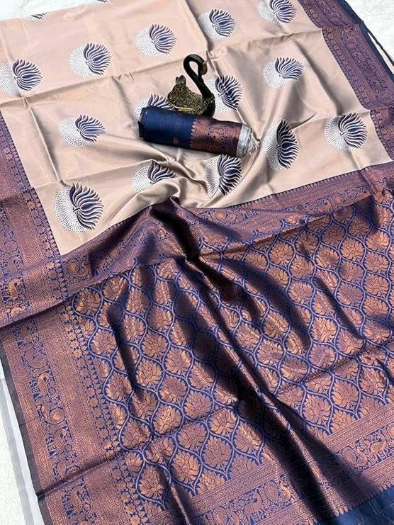 Peach & Navy Blue Dual-Tone Jacquard Silk Saree with Elegant Woven Design