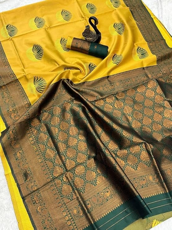 Yellow & Green Jacquard Silk Saree with Elegant Traditional Weaves