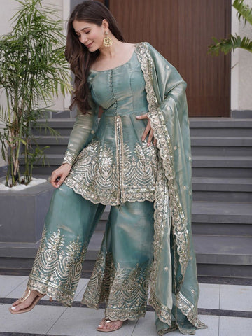 Sky Blue Fandy Silk Embroidered Sharara Set