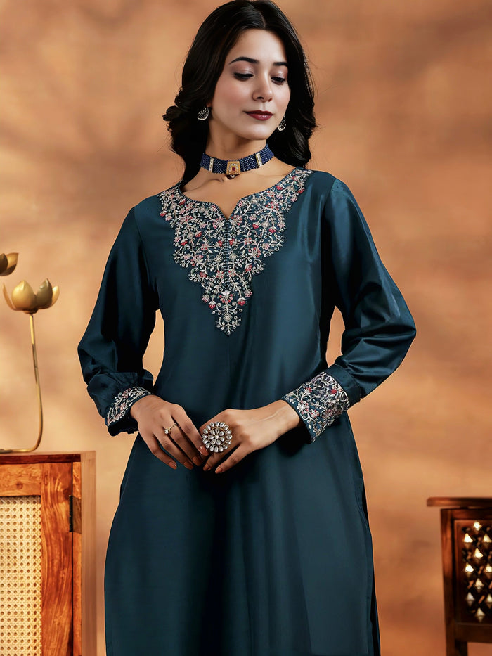 Teal Blue Embroidered Vichitra Suit Set