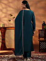 Teal Blue Embroidered Vichitra Suit Set
